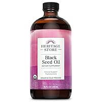HERITAGE STORE Black Seed Oil, Organic, Cold Pressed, Nigella Sativa Supplement with Thymoquinone, Omega 3 6 9, Antioxidant, Immune and Joint Support, Vegan, 16oz