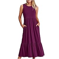 Clearance Fashion Women Summer Dresses with Pocket, Casual Long Dress Solid Sleeveless Ruffle Hem Maxi Dresses Crewneck Tshirt Dress Womens Dress Shorts Purple
