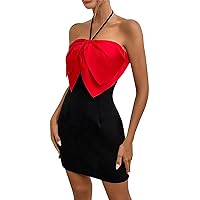 Women's Cocktail Dresses 2024 Hanging Neck Solid Color Halter Bowknot Evening Cocktail Dresses Sexy, XS-XL