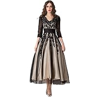 Laceshe Affordable V-Neck Sleeves Tea-Length Prom Dress Evening Formal Gown-20W-Black and Champagne
