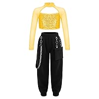 CHICTRY Kids Girls 2-Piece Hip Hop Dance Outfits Shiny Sequins Crop Tops with Chain Pocket Pants Suit Dancewear Gold 8 Years