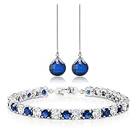 Gem Stone King Blue Long Dangle Drop Earring and Tennis Bracelet Set