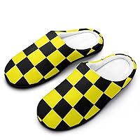 Yellow Black Checkered Men's Cotton Slippers Memory Foam Washable Non Skid House Shoes