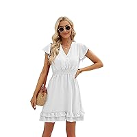 2023 Women Summer Spring Ruffle Short Sleeve Dress V-Neck Swiss Dot High Waist Casual Mini A-line Solid Color Dresses