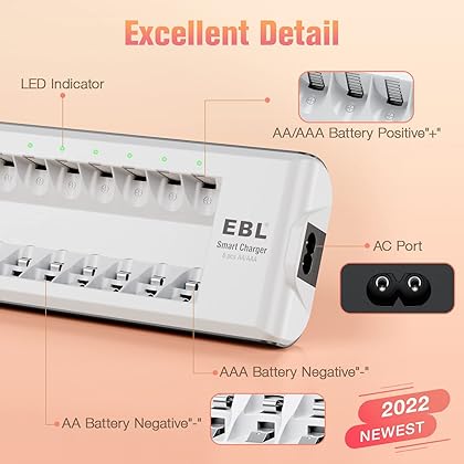 EBL Rechargeable Batteries with Charger, 1.2V NiMH AA Batteries 2800mAh 4Counts & AAA Batteries 1100mAh 4Counts with 8-Bay Smart Battery Charger (Upgraded 808 Charger)