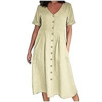 Linen Dress Women V Neck Short Sleeve Button Down Midi Dress Summer Casual Loose Pleated Flowy A Line Dress with Pockets