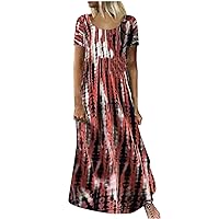 Womens Short Sleeve Maxi Dress Plain Design Print Summer Casual Crewnecck Long Sundresses