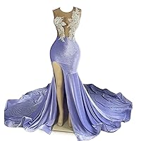 Engerla Lilac Purple High Split Mermaid Prom Dress Applique Crystal Velvet Pageant Evening Dress Celebrity Party Gowns