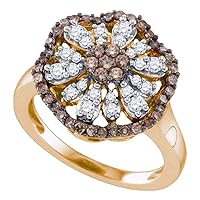 TheDiamondDeal 10k Rose Gold Womens Brown Round Diamond Flower Cluster Ring 3/4 Cttw