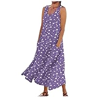 Maxi Dresses for Women Casual Comfortable Floral Print Sleeveless Cotton Pocket Dress