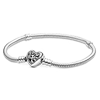 PANDORA Moments Family Tree Heart Clasp Snake Chain Bracelet - Compatible with PANDORA Moments Charms - Sterling Silver, CZ & Black Enamel Charm Bracelet - Mother's Day Gift - With Gift Box