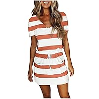 Sundresses for Women, Womens Summer Casual Loose V Neck Mini Dress,Trendy Striped Drawstring T Shirt Dress with Pocket