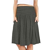 Simlu Skirts for Women Regular and Plus Size Skirt with Pockets Below The Knee Length Ruched Flowy Midi Skirt