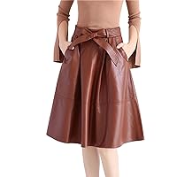 Winter Leather Midi Skirt Women Street Bow Belt Retro Vase Big Pleated