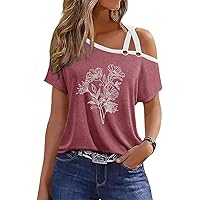 Womens 2024 Summer Trendy Cold Shoulder Short Sleeve T Shirts Criss Cross Casual Loose Tunic Tops Blouse Shirts