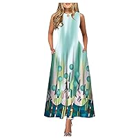 Spring Fashion for Women 2023, Women's Casual Printing Big Hem Dresswave Round Neck Sleeveless Long Dress