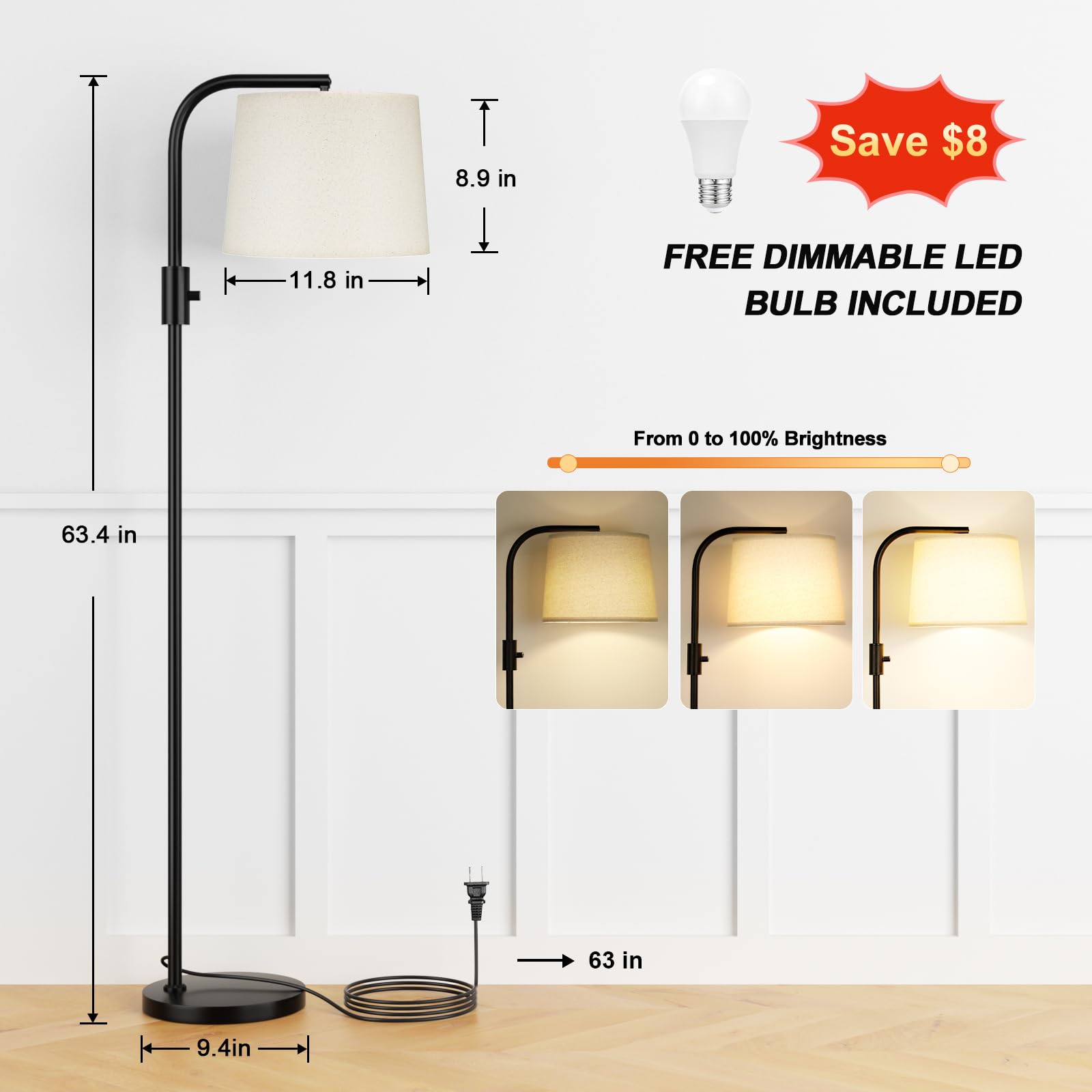 Ambimall Fully Dimmable Floor Lamp - 9W LED Bulb, Adjust Head, Rotary Switch, Easy Assembly, from 0 to 100% Brightness