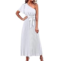 Womens Summer 2023 New Solid High Waist Lace Up Elegant Inclined Shoulder Strapless Hem Pleated Petite Dresses