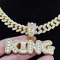 Men Women Hip Hop KING QUEEN Pendant Necklace with 13mm Miami Cuban Chain Hiphop Iced out Bling Necklace Fashion Charm Jewelry (Gold Color KING2-16inch(40cm))