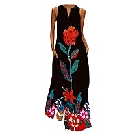 SNKSDGM Plus Size Dresses for Women 2023 Causal V Neck Floral Dress Long Dress Summer Loose Party Maxi Dress with Pockets