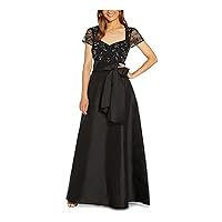 Adrianna Papell Womens Black Beaded Sequined Tie at Waist Zippered Short Sleeve Sweetheart Neckline Full-Length Formal Gown Dress 0