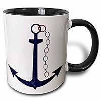 3dRose Cute Sail Boat Anchor Chain Two Tone Mug, 11 oz, Black/White/Red/Blue