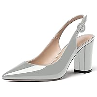 WAYDERNS Women's Thick Patent Solid Pointed Toe Slingback Buckle Ankle Strap Block High Heel Pumps Shoes 3 Inch
