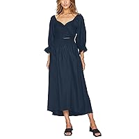 Womens Ruffled 3/4 Trumpet Sleeve Smocked Square Neck Midi Dress Boho A-line Flowy Belted Party Casual Dress