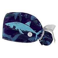 Cute Sea Mermaid Scrub Hats for Women Long Hair, Working Cap with Button & Sweatband, Unisex Tie Back Hats 2 Packs