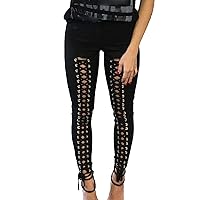 Womens Slim Lace Up Leggings High Waist Bandage Front Lacing Pants Hollow Out Stretch Skinny Narrow Trousers