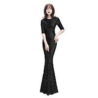 Women's Long Sequins Formal Evening Dresses O Neck Half Sleeves Mermaid Prom Gown Party Cocktail Dress Gown
