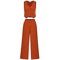 KIRUNDO Women Sleeveless V Neck Linen Copped Blazer Vest and Wide Leg Pants Suits Summer Outfits 2024 Work Clothes(Brick Red, Large)
