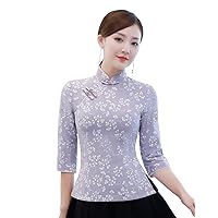 3/4 Sleeve Cheongsam Top China Qipao Shirt Linen Cotton Chinese Blouse With Black Linen Skirt S