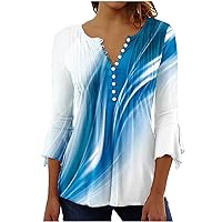 Women 2023 Summer Top Floral Print V-Neck 3/4 Sleeve Button T-Shirt Pleats Flowy Hem Shirts Casual Loose Blouse