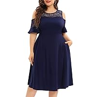 Pinup Fashion Plus Size Cold Shoulder Mesh Neck Wedding Guest Swing Midi Dresses with Pockets