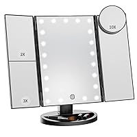 Makeup Mirror Vanity Mirror with Lights, Lighted Makeup Mirror with 2X 3X 10X Magnification, 21 LED Trifold Compact Mirror, Touch Dimming Light Up Mirror, Dual Power Supply, Gifts for Women (Black)