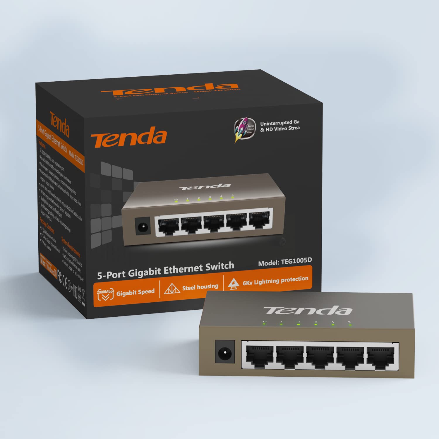 Tenda TEG1005D, 5-Port Gigabit Ethernet Switch, Unmanaged Ethernet Splitter, Network Switch Hub, Traffic Optimization, Plug & Play, Fan-less Metal Design, Limited Lifetime Protection