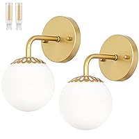 Modern Gold Wall Sconces Set of Two, Mid Century Wall Mounted Lamp, Brass Sconce with White Globe Glass, LED Wall Light Fixtures Indoor for Bedroom Bathroom Vanity, G9 Bulbs Included - 8W 3000K