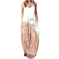 Women Sexy V Neck Spaghetti Strap Casual Maxi Dress Summer Fashion Print Sleeveless Long Cami Dresses with Pockets