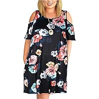 Akivide Womens Plus Size Summer Dress Casual Loose Floral Print Off Shoulder Crewneck Oversized A-Line Dresses for Women