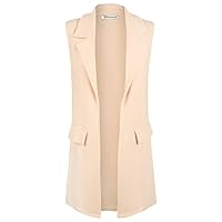 Womens Sleeveless Open Front Long Waistcoat Stylish Crepe Pocket Jacket Coat