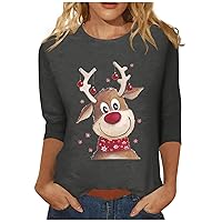Women's Christmas Sweatshirts Fashion Casual Three Quarter Sleeve Print Round Neck Pullover Top Blouse Casual