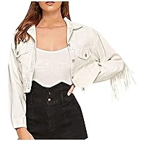 Women’s Solid Denim Cropped Jacket Fringe Trim Back Long Sleeve Button Down Jackets Fashion Casual Crop Coats