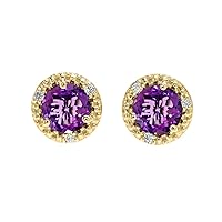 HALO STUD EARRINGS IN YELLOW GOLD WITH SOLITAIRE AMETHYST AND DIAMONDS
