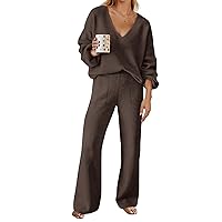 MEROKEETY Women's 2 Piece Outfits Long Sleeve V Neck Knit Pullover Tops and Wide Leg Pant Lounge Set