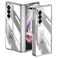 for Samsung Fold 3 Case: Transparent Electroplating Phone Case with Full Cover Hinge Protection, Clear Case with Built-in Screen Protector & Magnetic Kickstand for Galaxy Z Fold 3 5G (Silver)