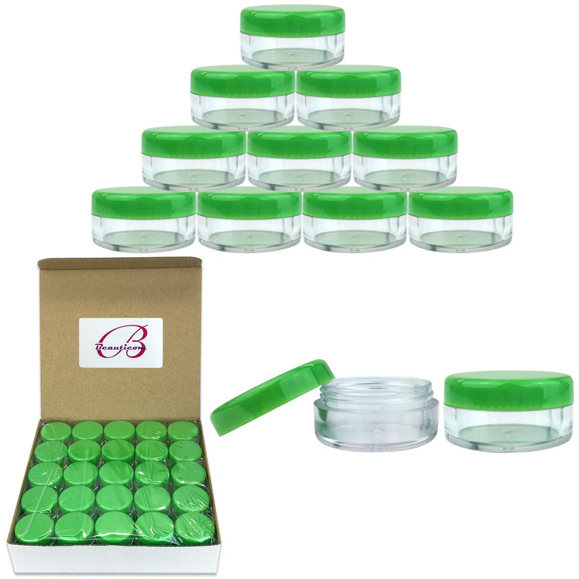 (Quantity: 50 Pieces) Beauticom 5G/5ML Round Clear Jars with GREEN Lids for Scrubs, Oils, Toner, Salves, Creams, Lotions, Makeup Samples, Lip Balms