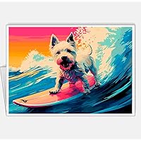 Assortment All Occasion Greeting Cards, Matte White, Dogs Surfers Pop Art, (8 Cards) Size A6 105 x 148 mm 4.1 x 5.8 in #10 (West Highland White Terrier Dog Surfer 3)