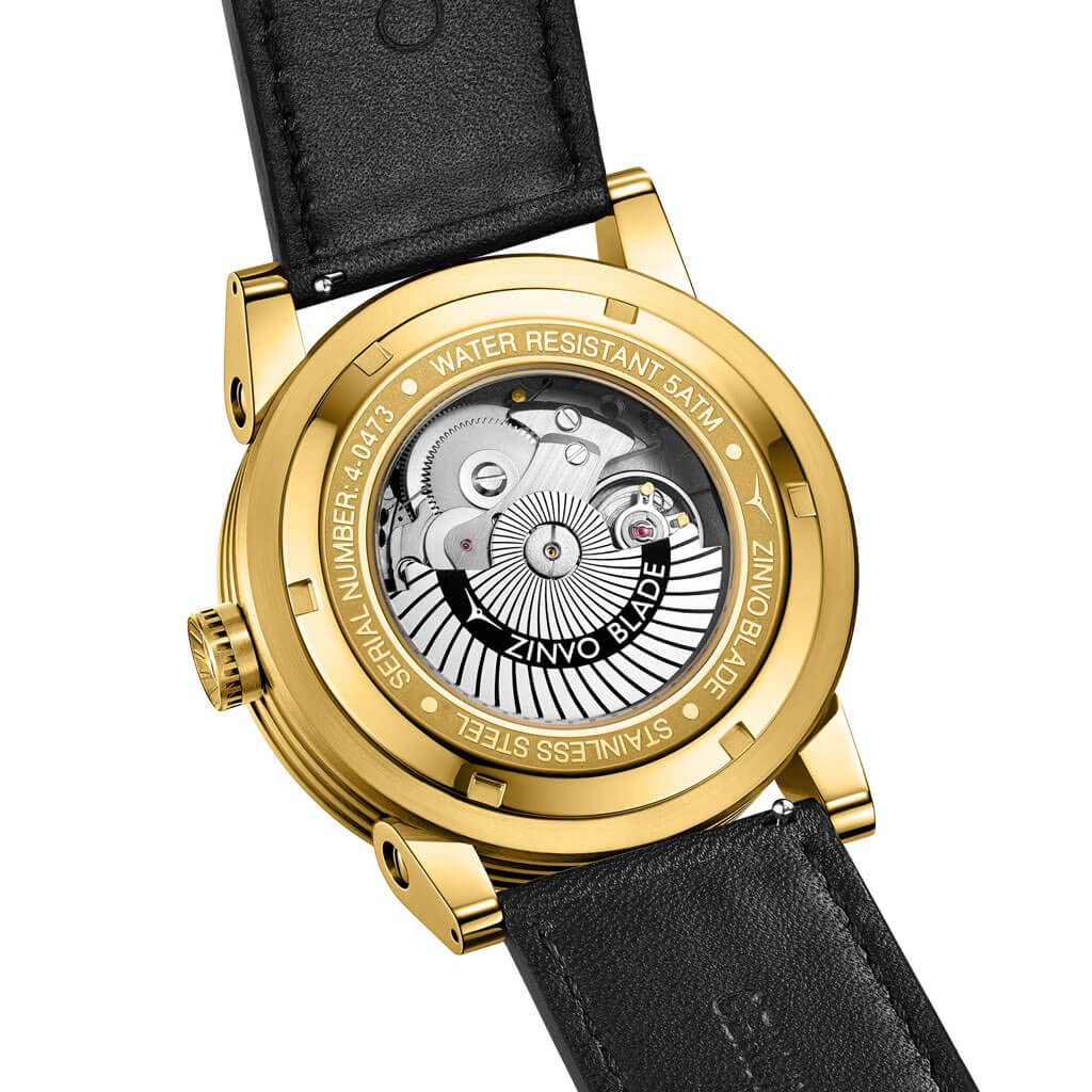 ZINVO Blade Herren Luxus-Uhr mit Automatik-Uhrwerk, schwarzes Lederband, und Gelbgold