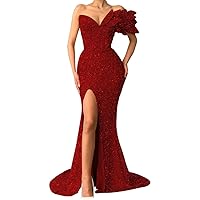 Sequin Mermaid Prom Dresses for Women 2024 One Shoulder Sparkly Evening Dress with Slit Long Formal Wedding Party Gown